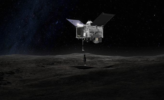 An illustration of NASA’s OSIRIS-REx spacecraft lightly touching down on the asteroid Bennu.