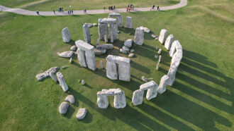 an aerial photo showing Stonehenge from above