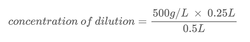 an equation reads "concentration of dilution = 500g/L x 0.25L OVER 0.5L"